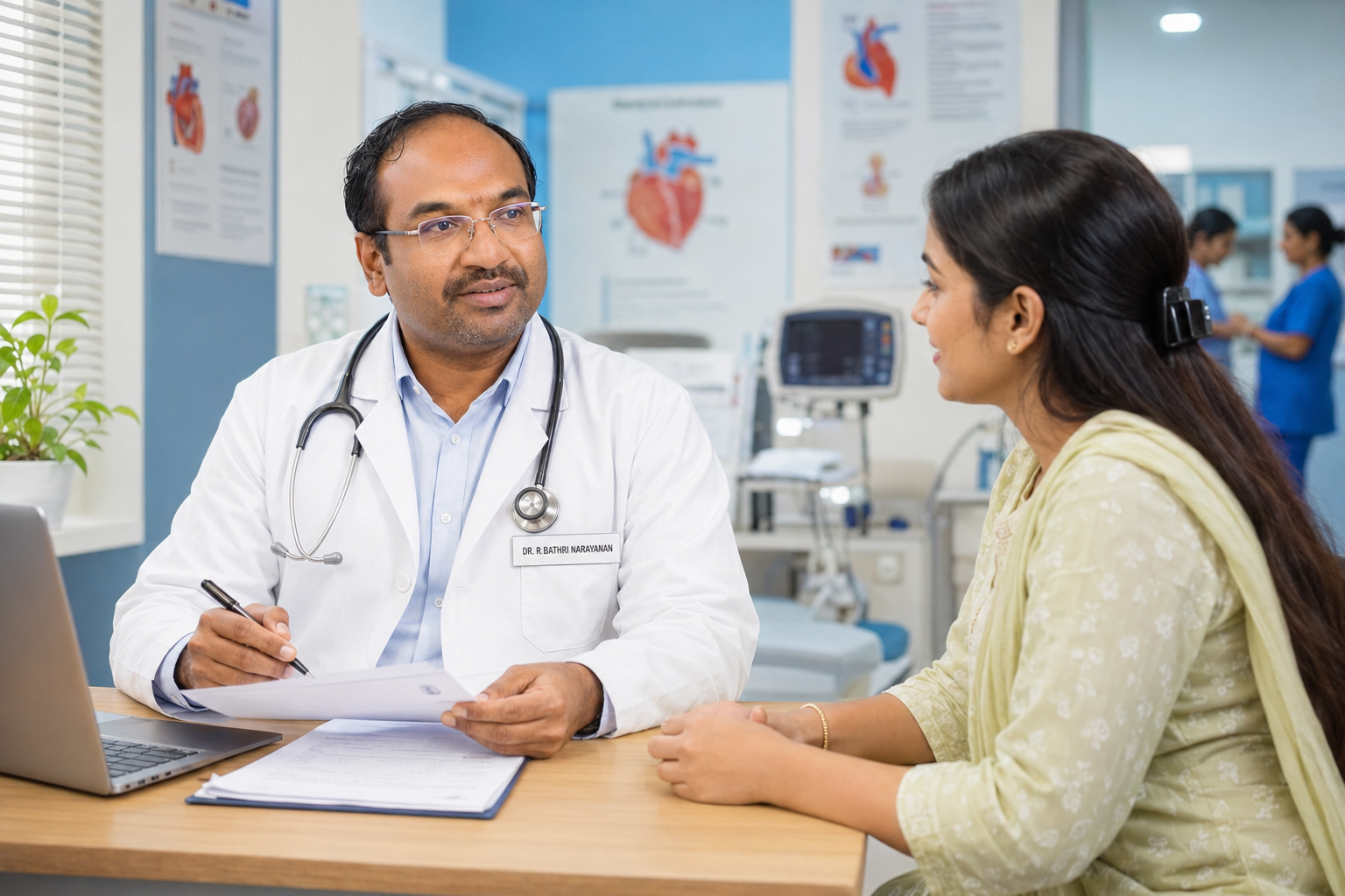 Dr. Bathri Narayanan consulting with a patient